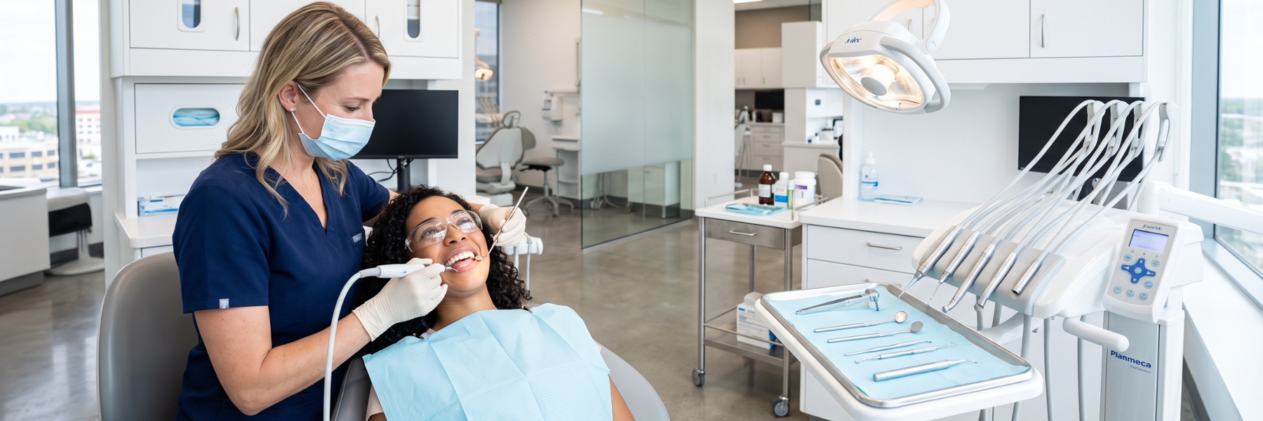 Dental hygienist performing a teeth cleaning on a smiling patient in a St. Augustine, FL